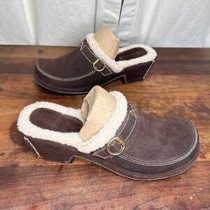 White Mountain Brown Leather Mule Slip-On Fleece Lined Women's Size 9 Block Heel